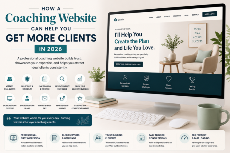 Professional coaching website design showcasing lead generation, client booking, SEO optimization, and business growth for coaches in 2026.